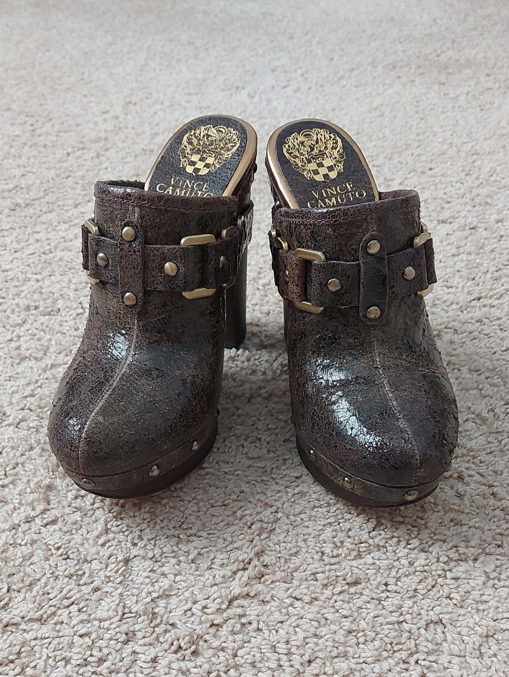 Vince Camuto Metallic Crackle Leather Studded Clog Mules NIB 7.5